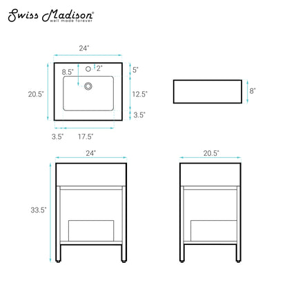 Swiss Madison, Beau 24" Open Shelf Natural Oak Frame Freestanding Bathroom Vanity with Sink Top