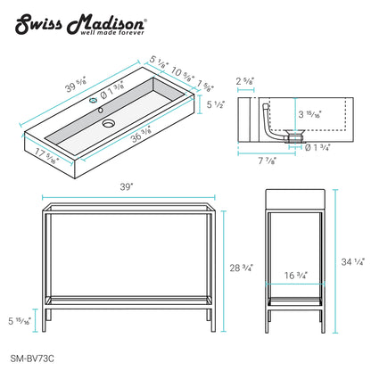 Swiss Madison, Pierre 40 Single, Freestanding, Open Shelf, Chrome Metal Frame Bathroom Vanity