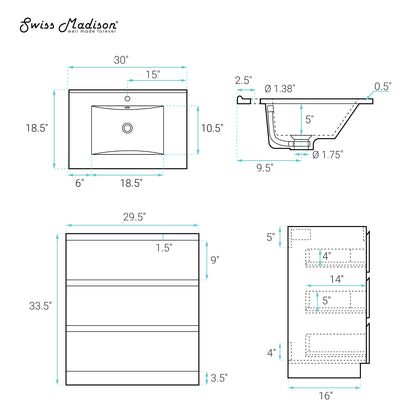 Swiss Madison, Liberte 30" Freestanding Bathroom Vanity in White Oak with Sink Top