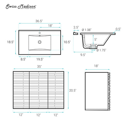 Swiss Madison, Cascade 36" Wall-Mounted Bathroom Vanity in Natural Oak with Black Sink Top