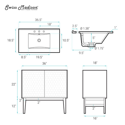 Swiss Madison, Bosse 36" Freestanding Bathroom Vanity in Natural Oak with Black 3-Hole Widespread Sink Top