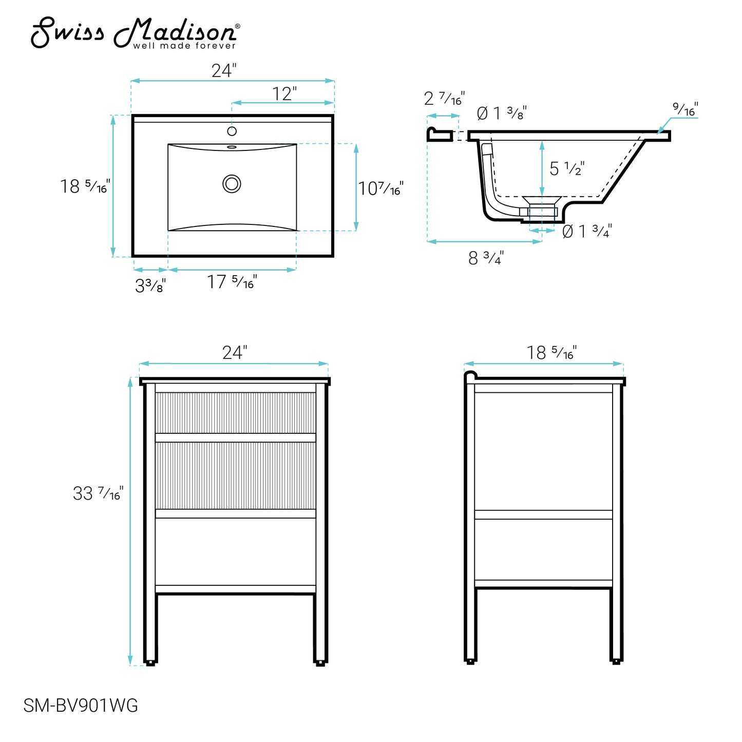 Swiss Madison, Cache 24" Freestanding Bathroom Vanity in White with Sink Top