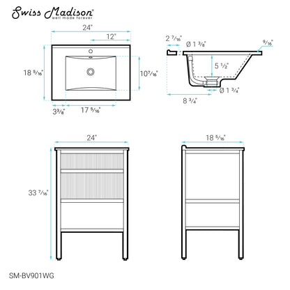 Swiss Madison, Cache 24" Freestanding Bathroom Vanity in White with Sink Top