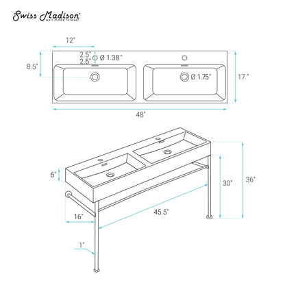Swiss Madison, Claire 48" Double Basin Console Sink with Polished Chrome Legs