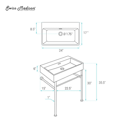Swiss Madison, Claire 24" Rectangle Matte Black Zero Hole Console Sink with Matte Black Legs