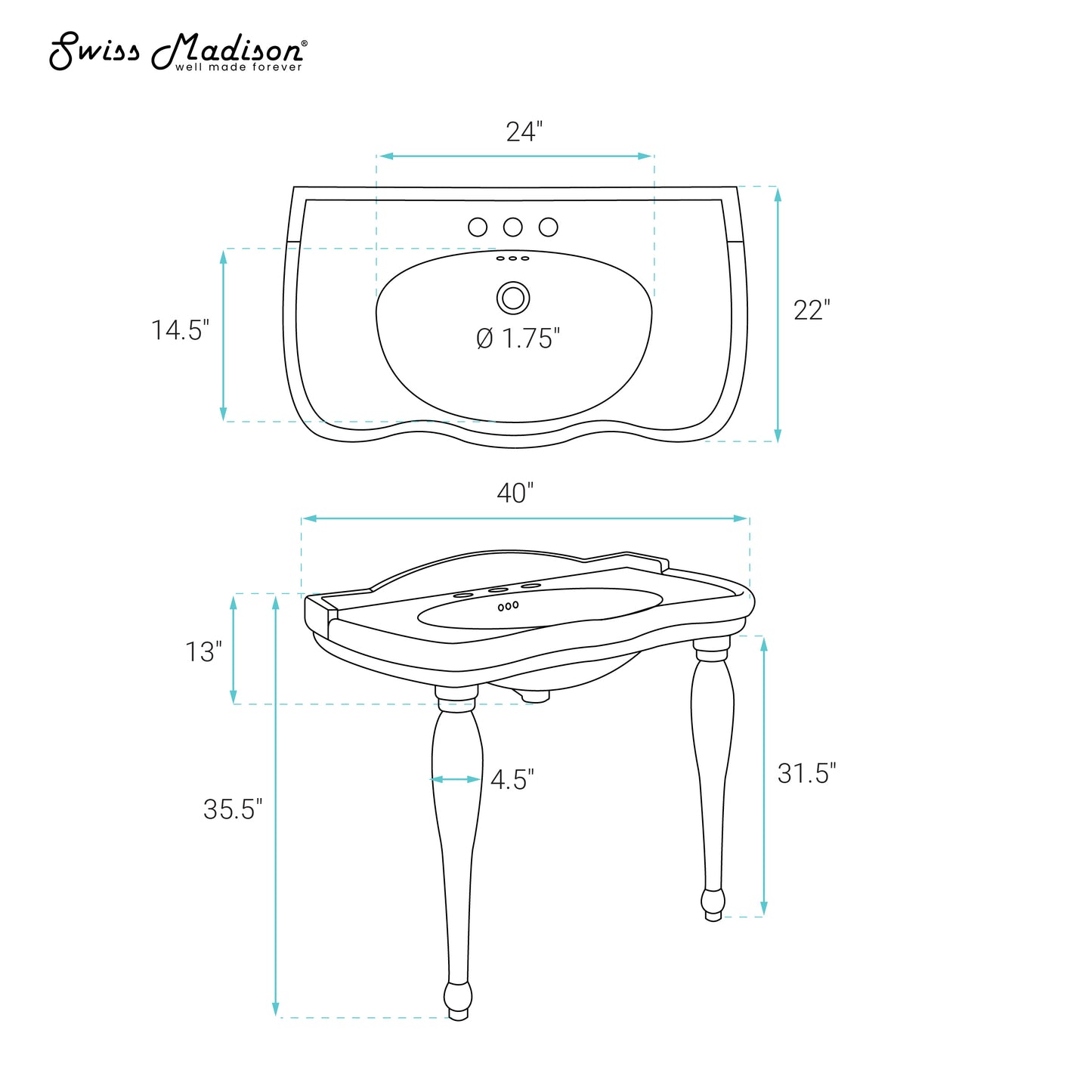 Swiss Madison, Santorini 40" Rectangle 3-Hole Widespread Console Sink