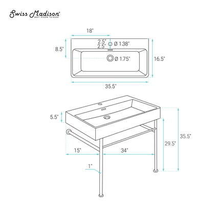 Swiss Madison, Carre 36 Ceramic Console Sink White Basin Chrome Legs