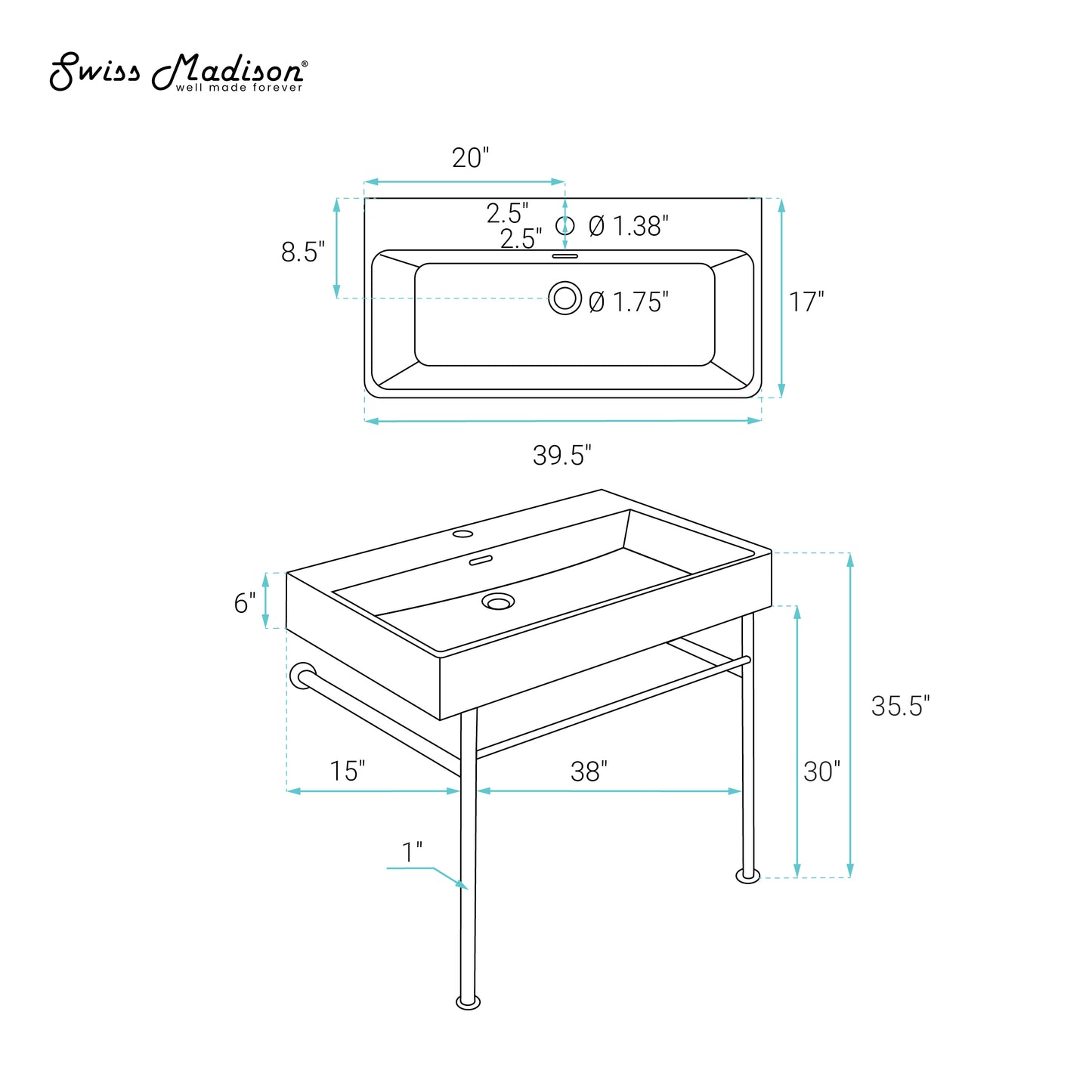 Swiss Madison, Claire 40 Ceramic Console Sink White Basin Chrome Legs