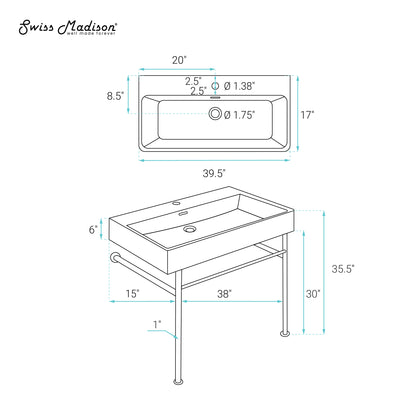 Swiss Madison, Claire 40 Ceramic Console Sink White Basin Chrome Legs