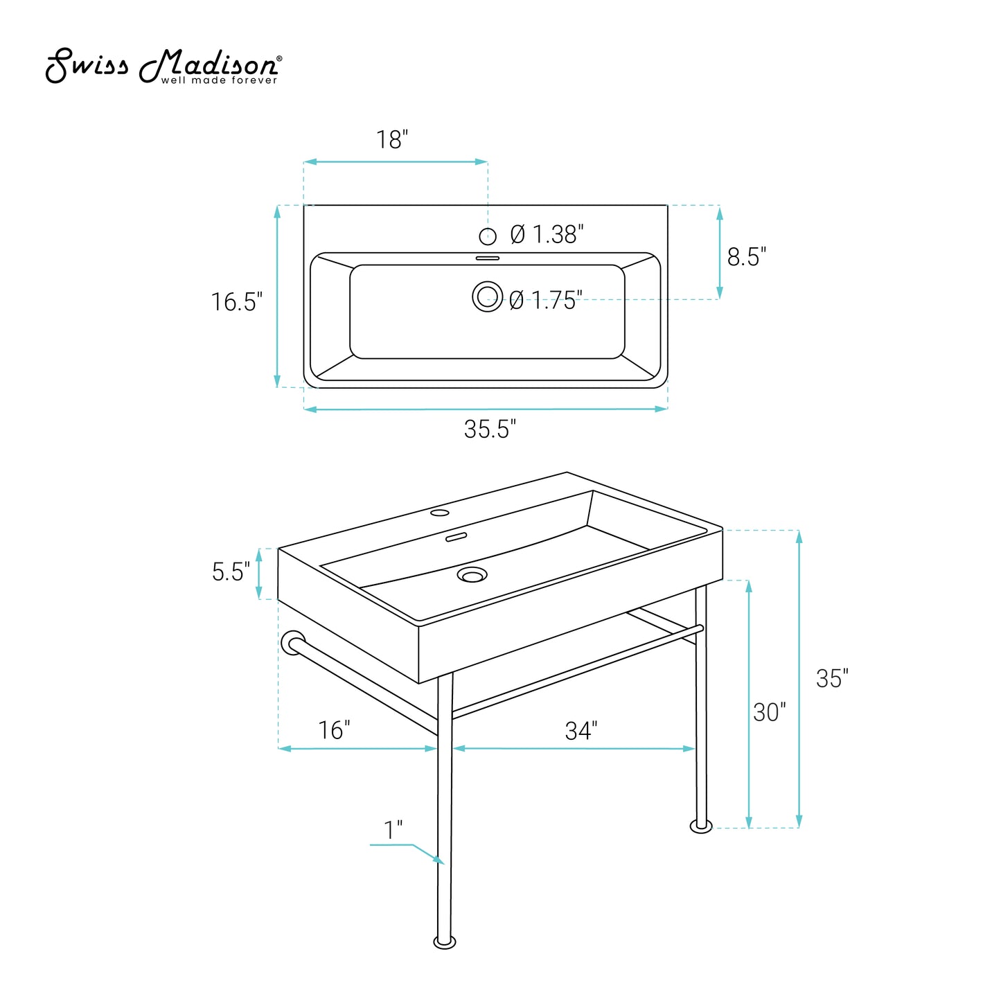 Swiss Madison, Carre 36 Ceramic Console Sink White Basin Brushed Gold Legs