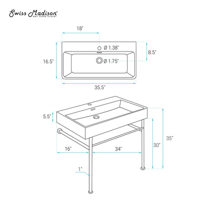 Swiss Madison, Carre 36 Ceramic Console Sink White Basin Brushed Gold Legs