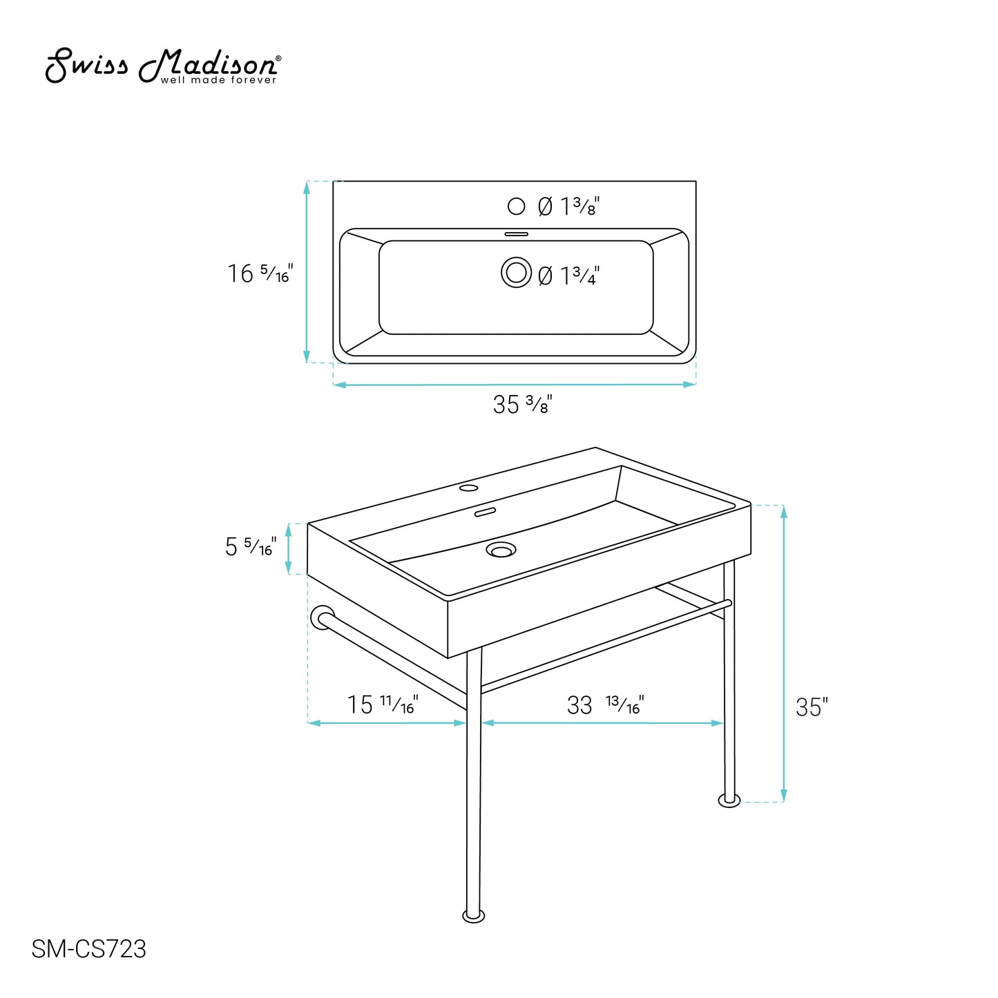 Swiss Madison, Carre 36 Ceramic Console Sink White Basin Gold Legs