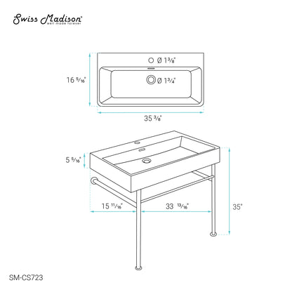 Swiss Madison, Carre 36 Ceramic Console Sink White Basin Gold Legs