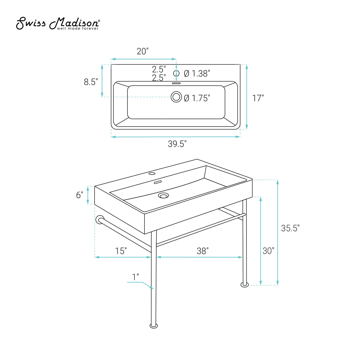 Swiss Madison, Claire 40 Ceramic Console Sink White Basin Gold Legs