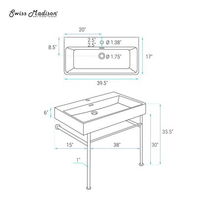 Swiss Madison, Claire 40 Ceramic Console Sink White Basin Gold Legs
