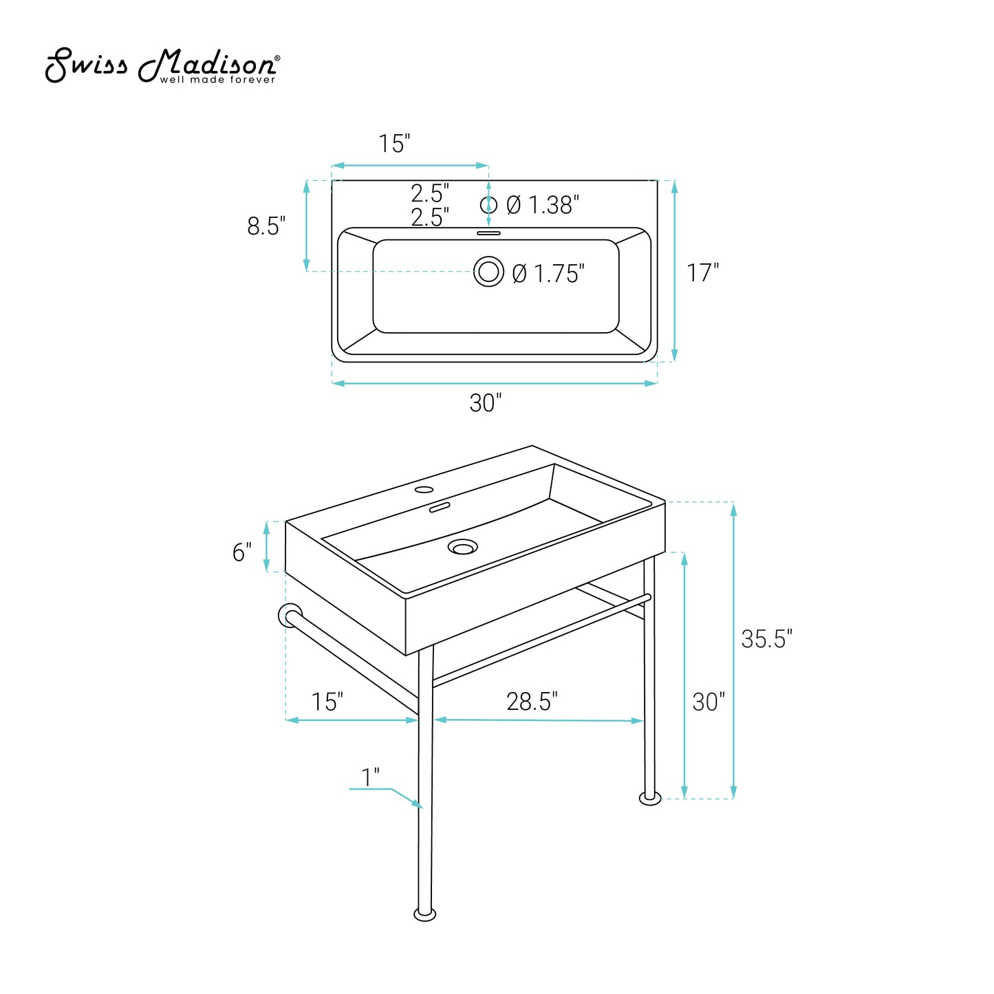 Swiss Madison, Claire 30" White Basin Matte White Legs