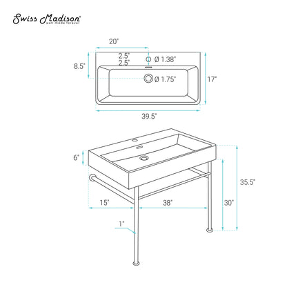Swiss Madison, Claire 40 Ceramic Console Sink Matte Black Basin Gold Legs