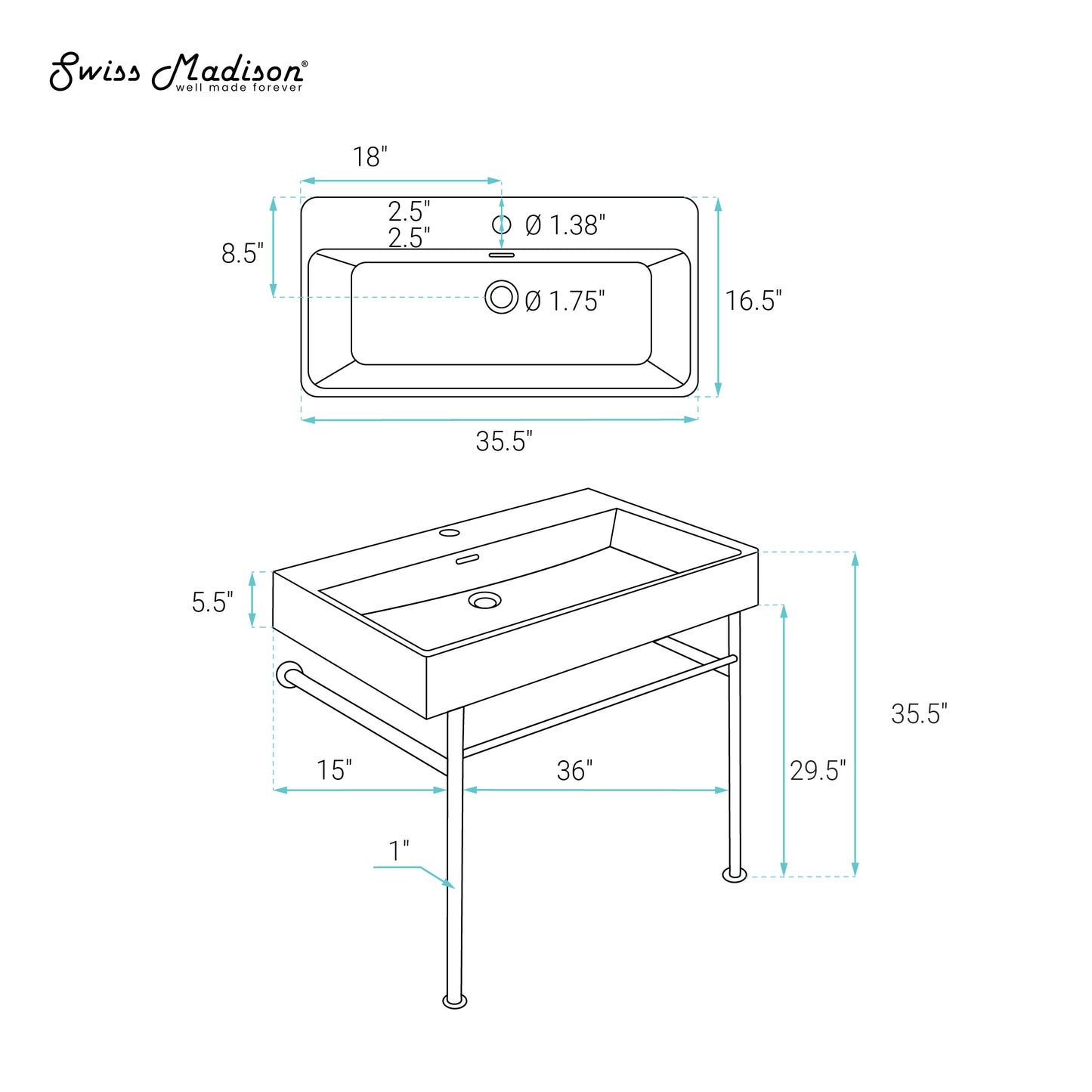 Swiss Madison, Carre 36 Ceramic Console Sink Matte Black Basin Chrome Legs