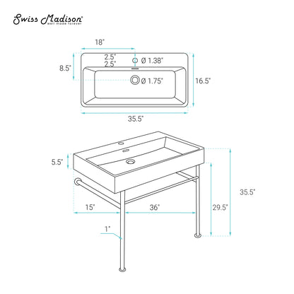 Swiss Madison, Carre 36 Ceramic Console Sink Matte Black Basin Chrome Legs