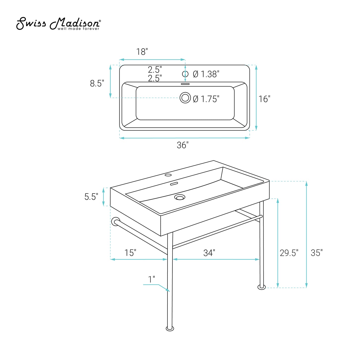 Swiss Madison, Carre 36 Ceramic Console Sink Matte Black Basin Matte White Legs