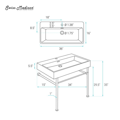 Swiss Madison, Carre 36 Ceramic Console Sink Matte Black Basin Matte White Legs