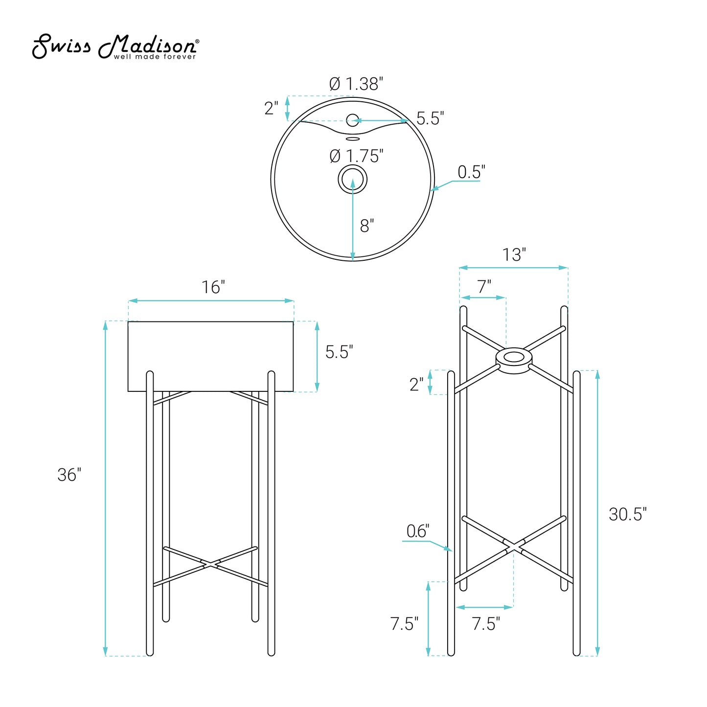 Swiss Madison, Monaco 16" Round Console Sink with Faucet Mount, White Basin Matte Black Legs