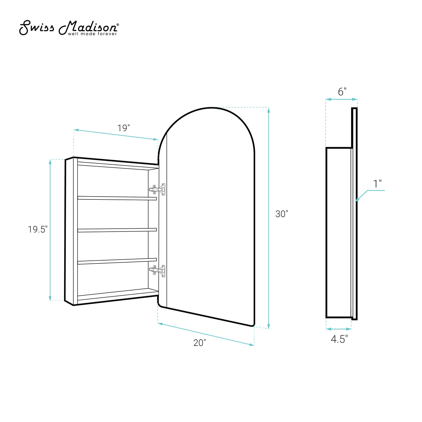 Swiss Madison, Porte 20 x 30 Arched Recessed/Wall Mount Medicine Cabinet with Mirror in Gold