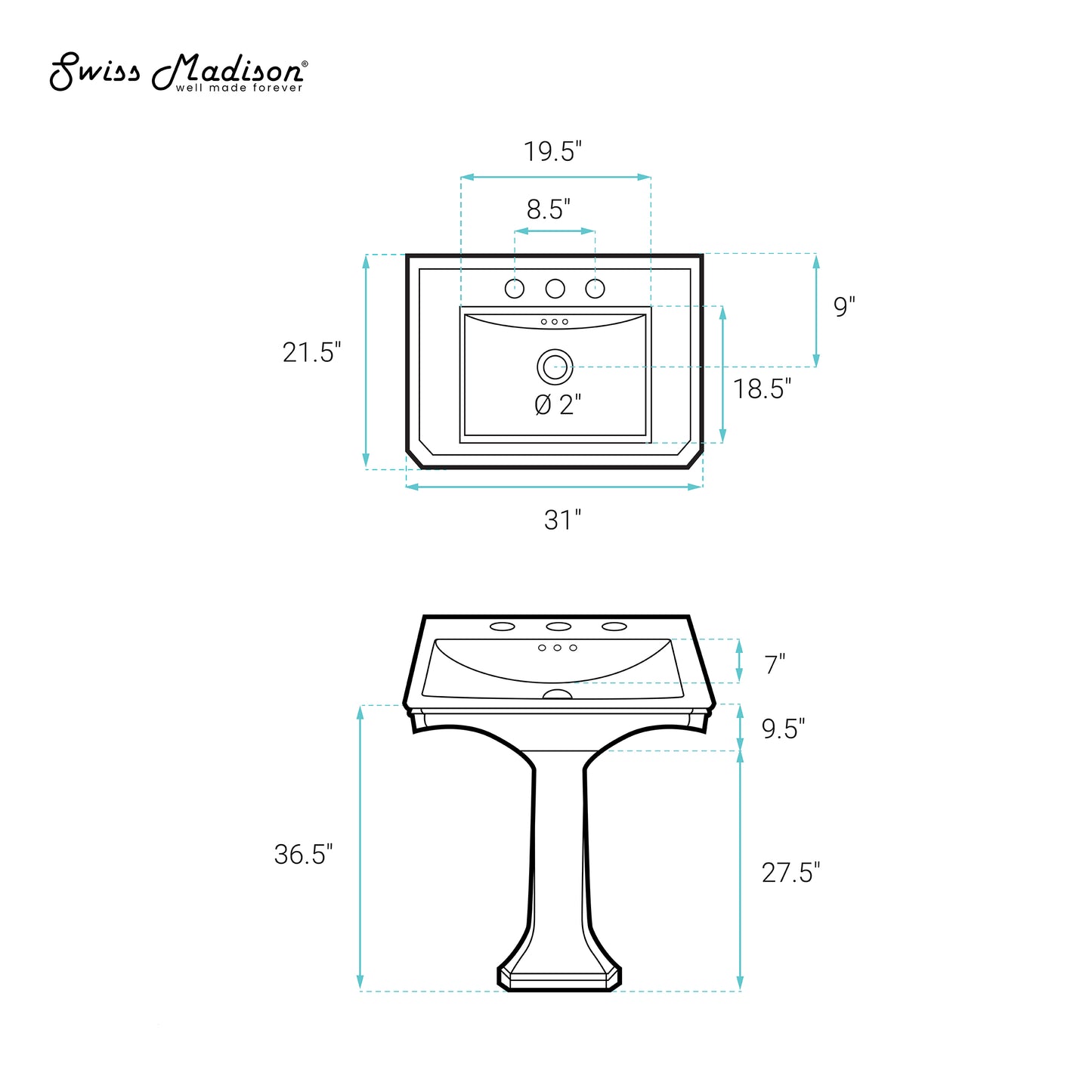 Swiss Madison Voltaire Two-Piece Pedestal two-piece pedestal bathroom vanity — view 11