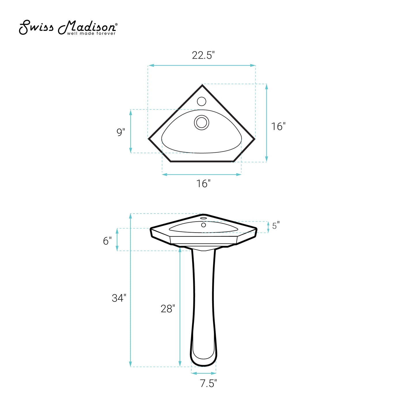 Swiss Madison, St.Tropez Corner Two-Piece Pedestal Sink