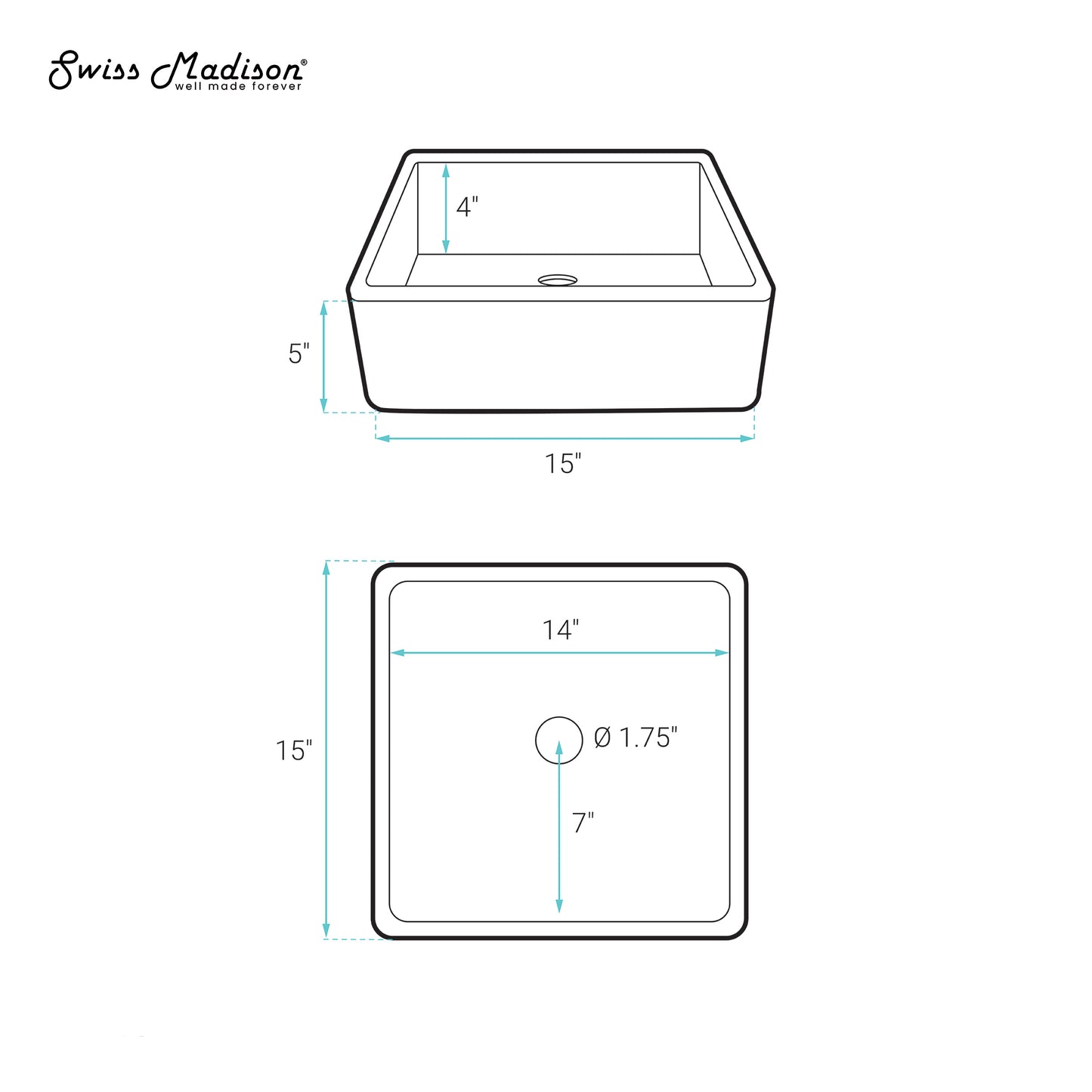 Swiss Madison, Lisse 15.5" Square Concrete Vessel Bathroom Sink in Dark Grey