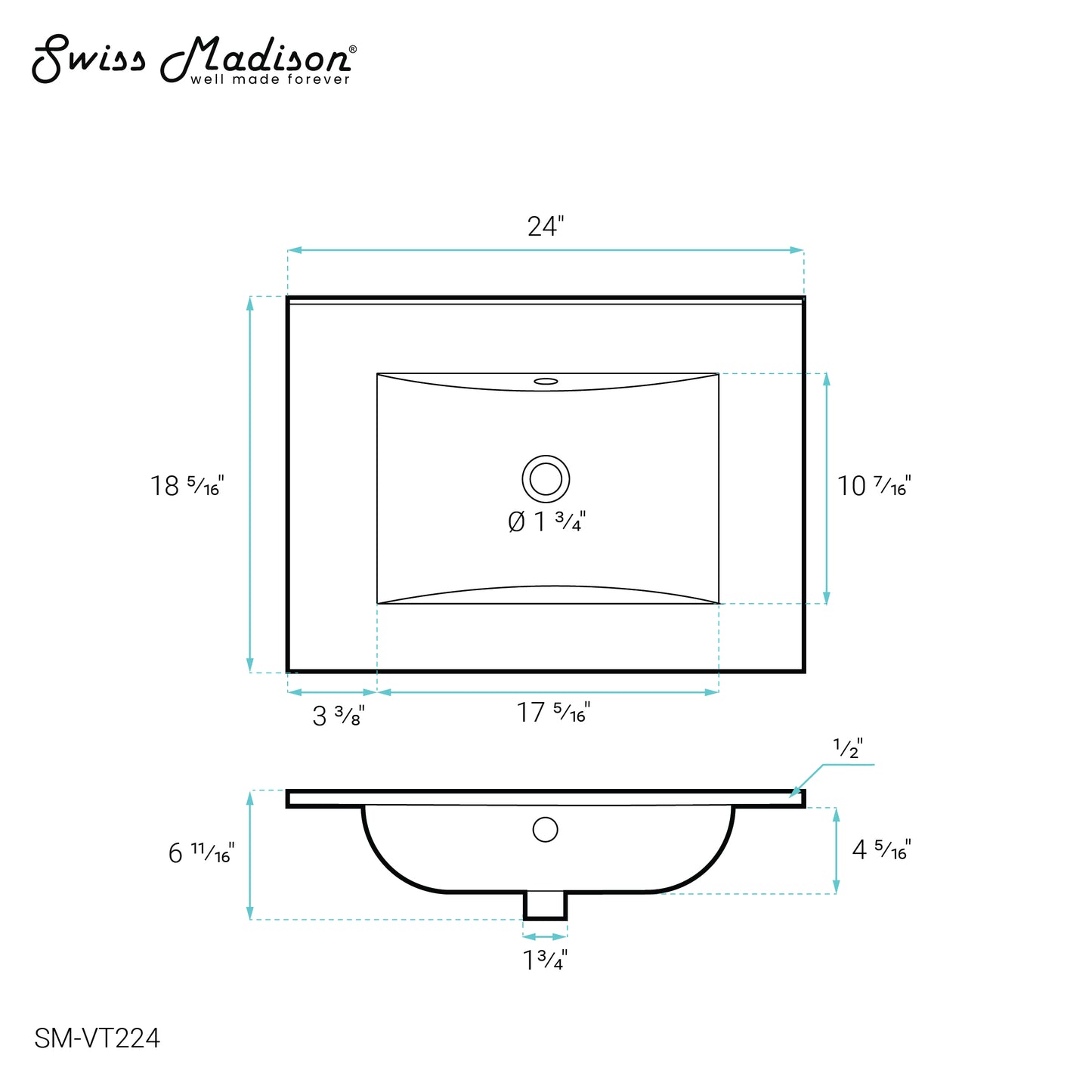 Swiss Madison, 24" Vanity Top Without Faucet Hole