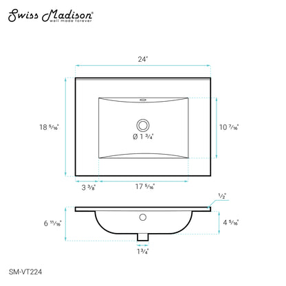 Swiss Madison, 24" Vanity Top Without Faucet Hole