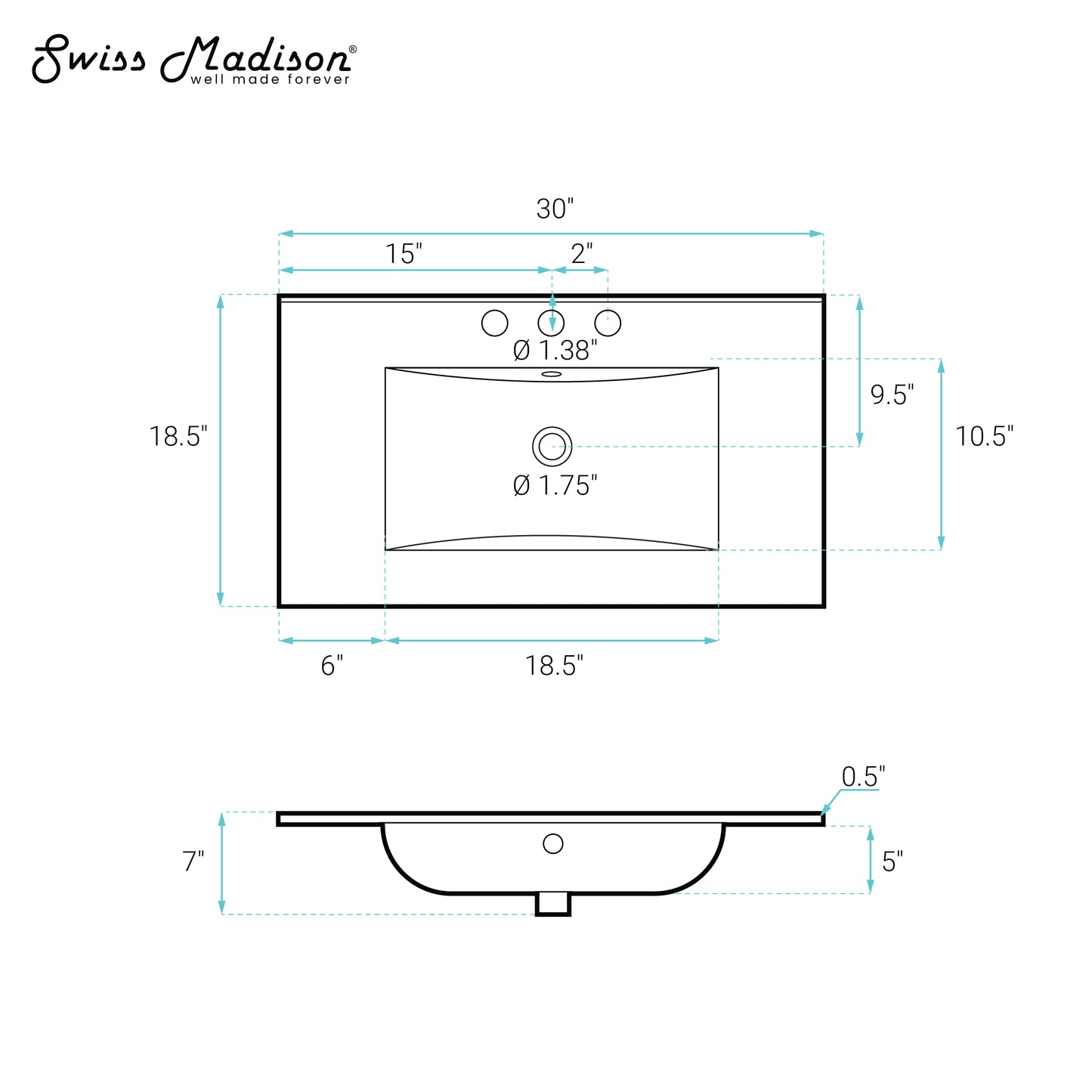 Swiss Madison, 30" 3-Hole Widespread Vanity Sink Top in Matte Black