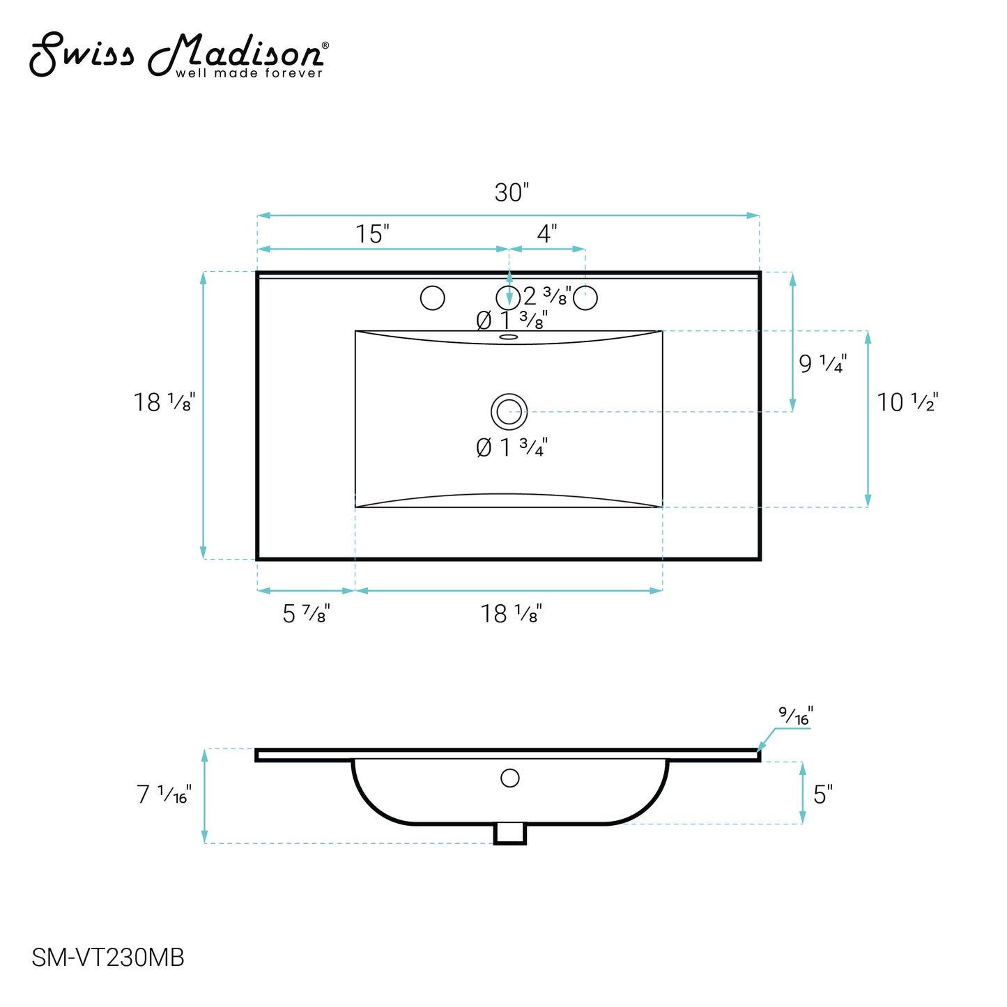 Swiss Madison, 30" Vanity Top Bathroom Sink in Matte Black
