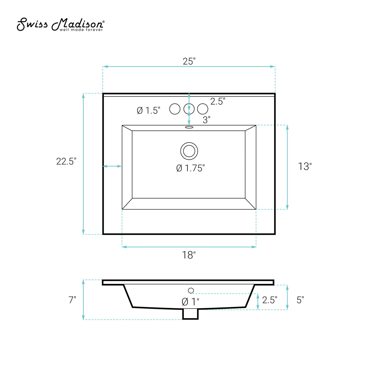 Swiss Madison, Voltaire 25 Vanity Top Sink with 3 Centerset Faucet Holes
