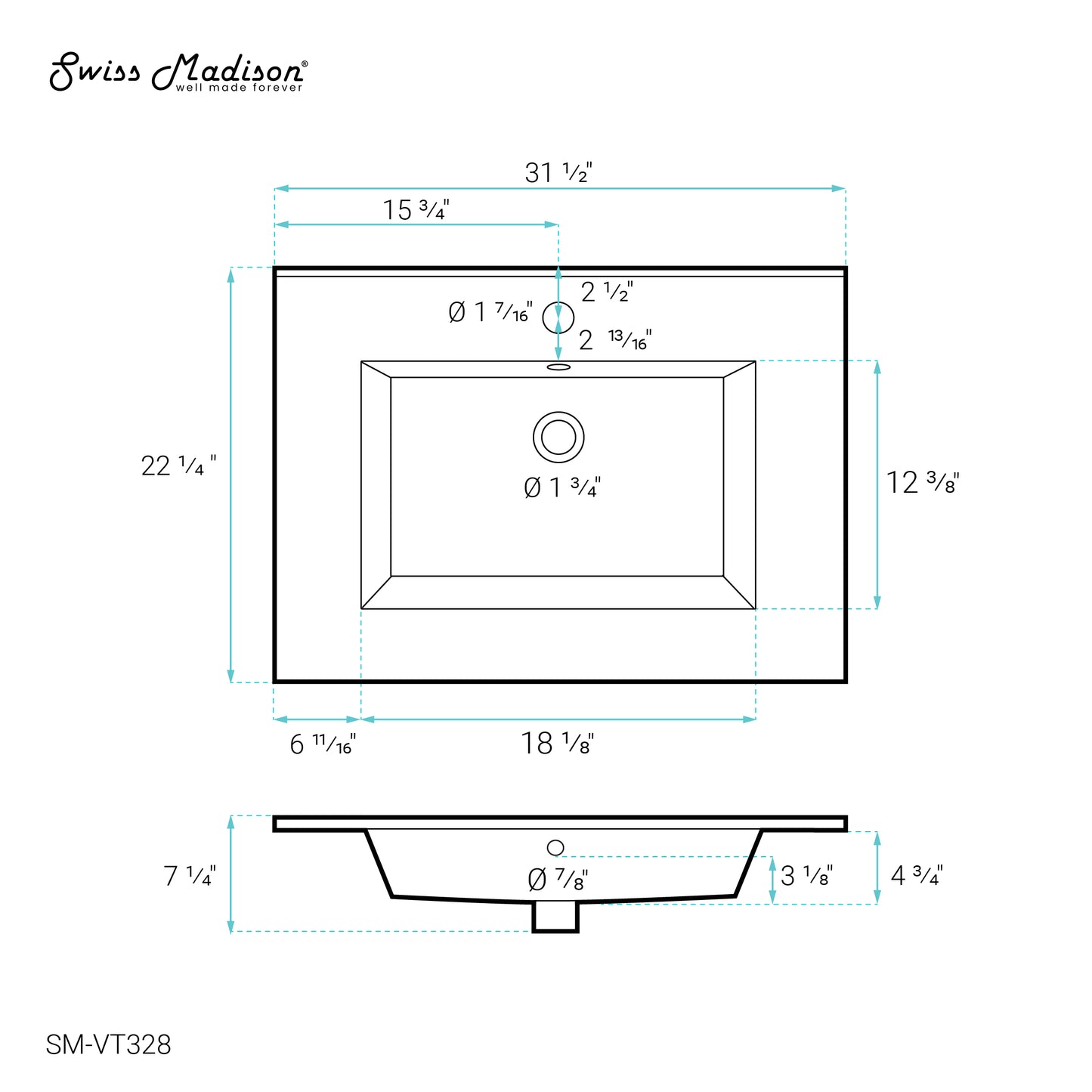 Swiss Madison, Voltaire 31 Vanity Top Sink with Single Faucet Hole