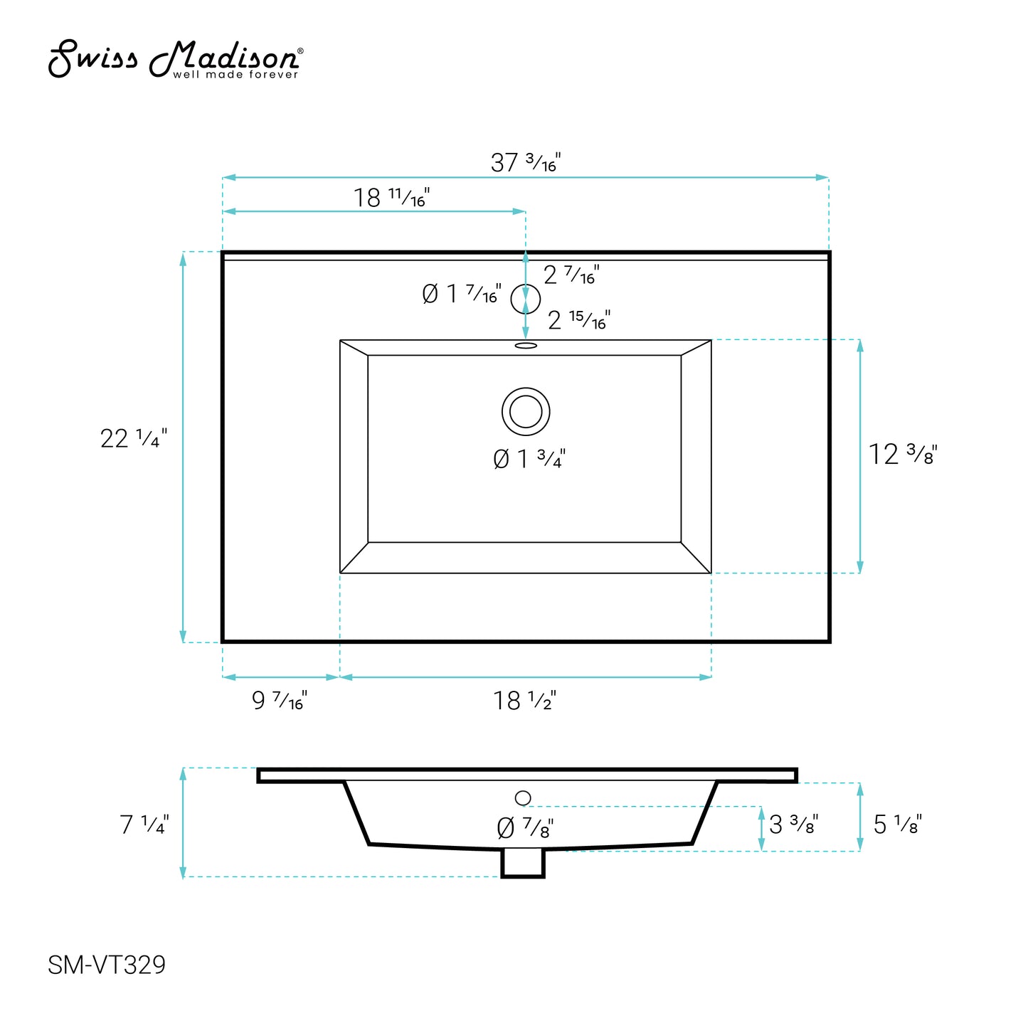 Swiss Madison, Voltaire 37 Vanity Top Sink with Single Faucet Hole
