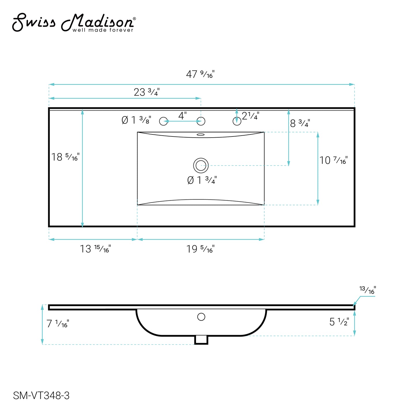 Swiss Madison, 48" 3-Hole Widespread Vanity Sink Top in Glossy White