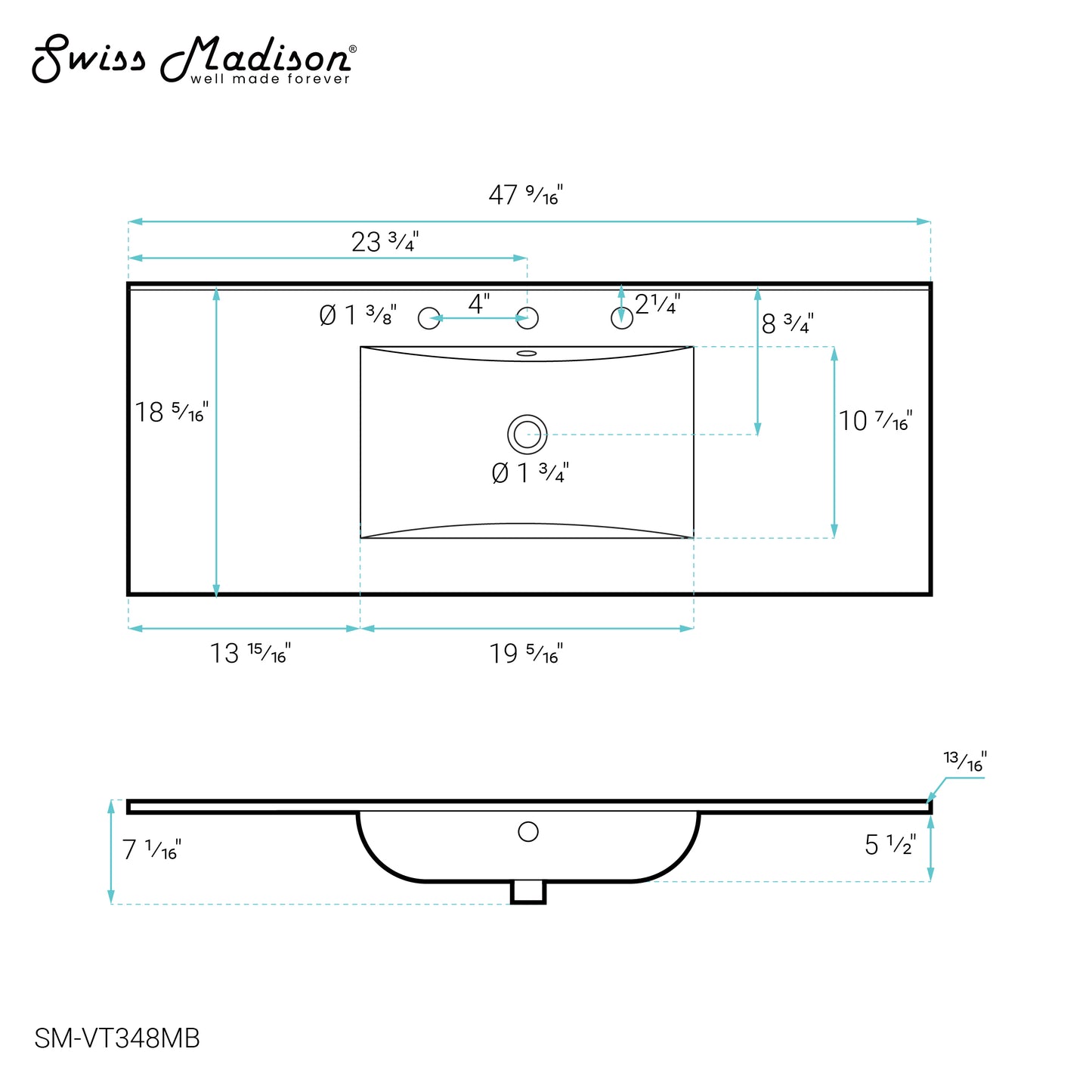 Swiss Madison, 48" Vanity Sink Top in Matte Black