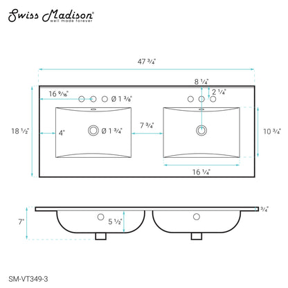 Swiss Madison, 48" 3-Hole Widespread Double Basin Vanity Sink Top in Glossy White