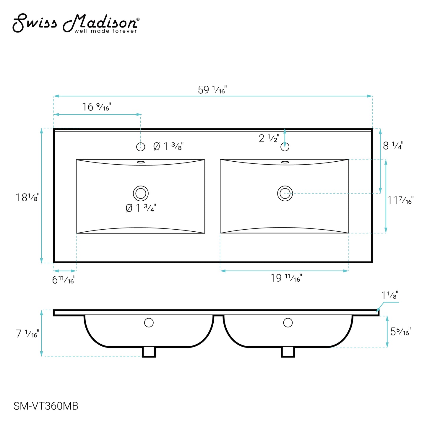 Swiss Madison, 60 inch Vanity Top Bathroom Sink in Matte Black