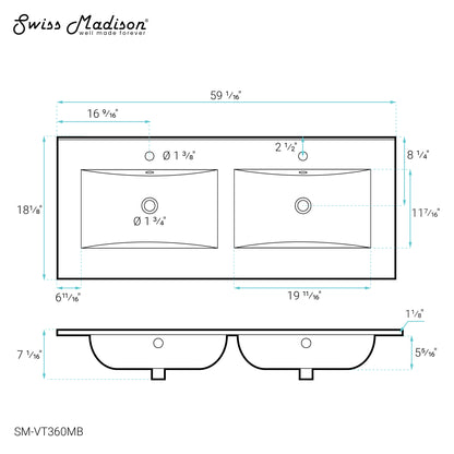 Swiss Madison, 60 inch Vanity Top Bathroom Sink in Matte Black