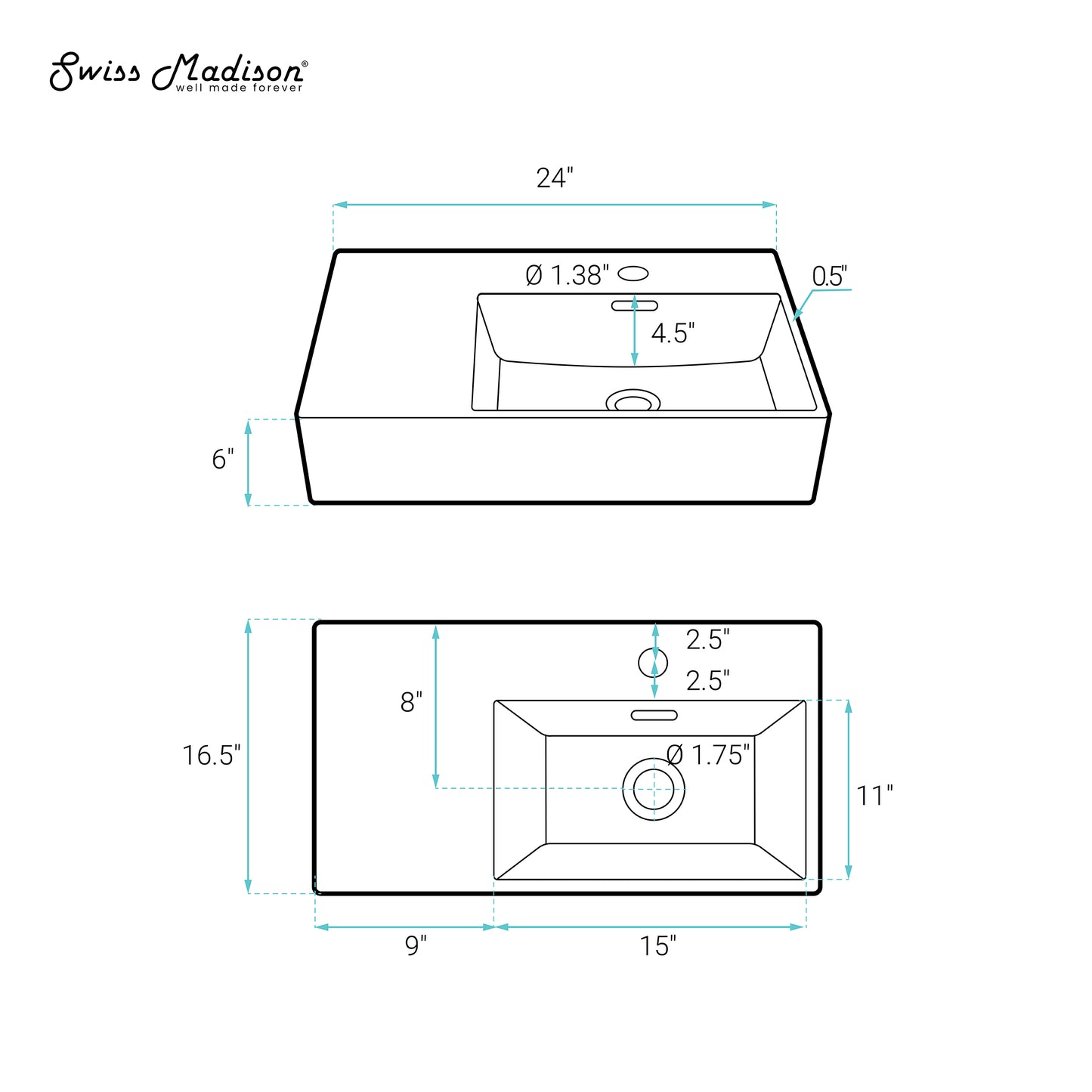 Swiss Madison, St. Tropez 24 x 18 Ceramic Wall Hung Sink with Right Side Mount, Matte Black