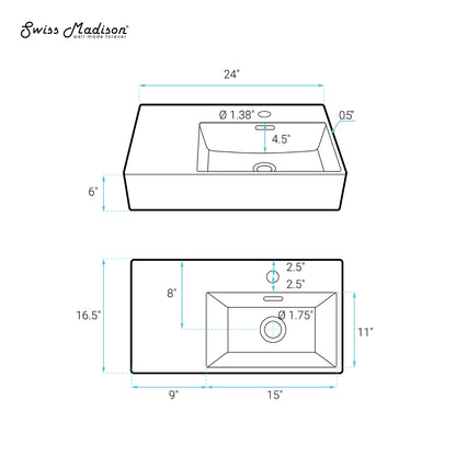 Swiss Madison, St. Tropez 24 x 18 Ceramic Wall Hung Sink with Right Side Mount, Matte Black