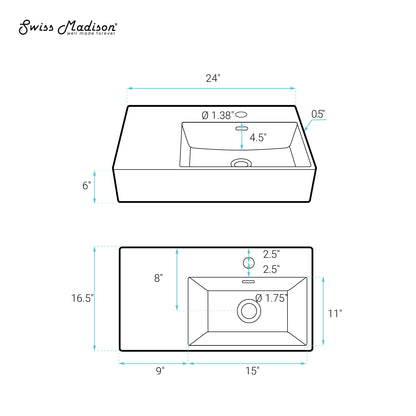 Swiss Madison, St. Tropez 24" Rectangle Wall-Mounted Sink with Right Side Faucet Mount