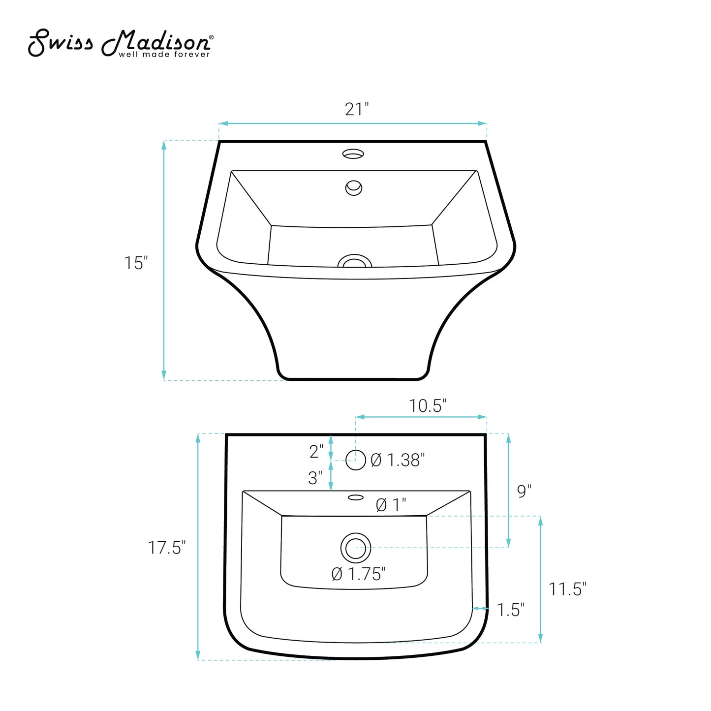 Swiss Madison, Carre 21" Wall-Mount Bathroom Sink
