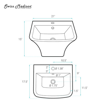 Swiss Madison, Carre 21" Wall-Mount Bathroom Sink