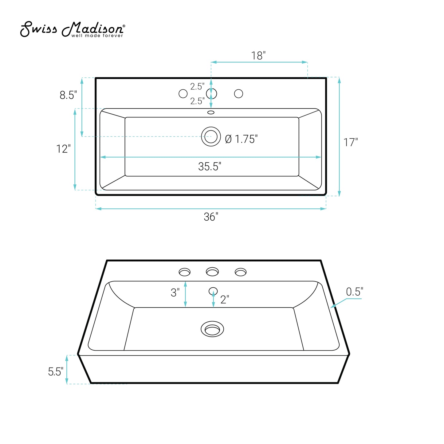 Swiss Madison, Carre 36" Wall-Mount Bathroom Sink with 8" Widespread Holes