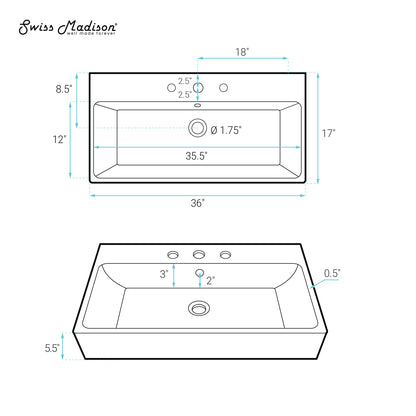 Swiss Madison, Carre 36" Wall-Mount Bathroom Sink with 8" Widespread Holes