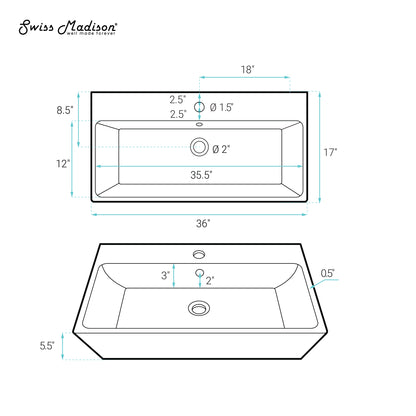 Swiss Madison, Carre 36"  Rectangle Wall-Mount Bathroom Sink in Matte Black